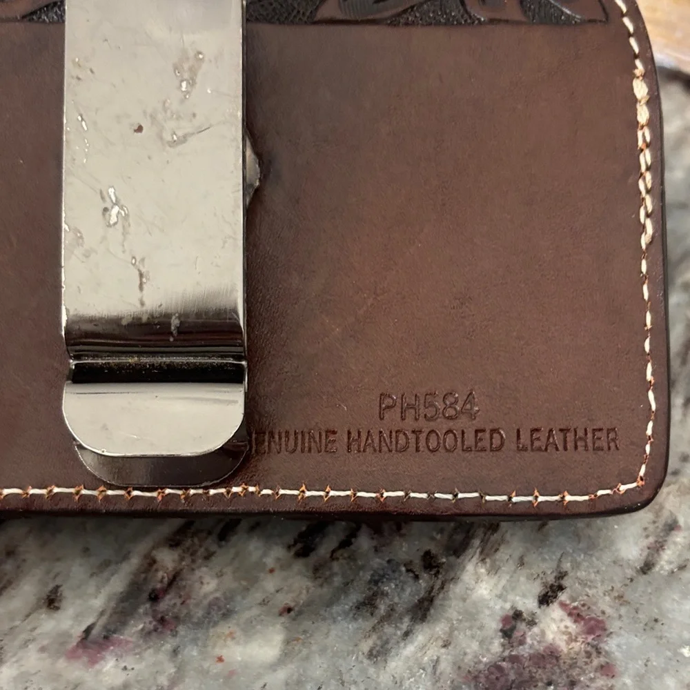 Hand-Tooled Floral Leather belt cell/beeper holder - Dark Brown